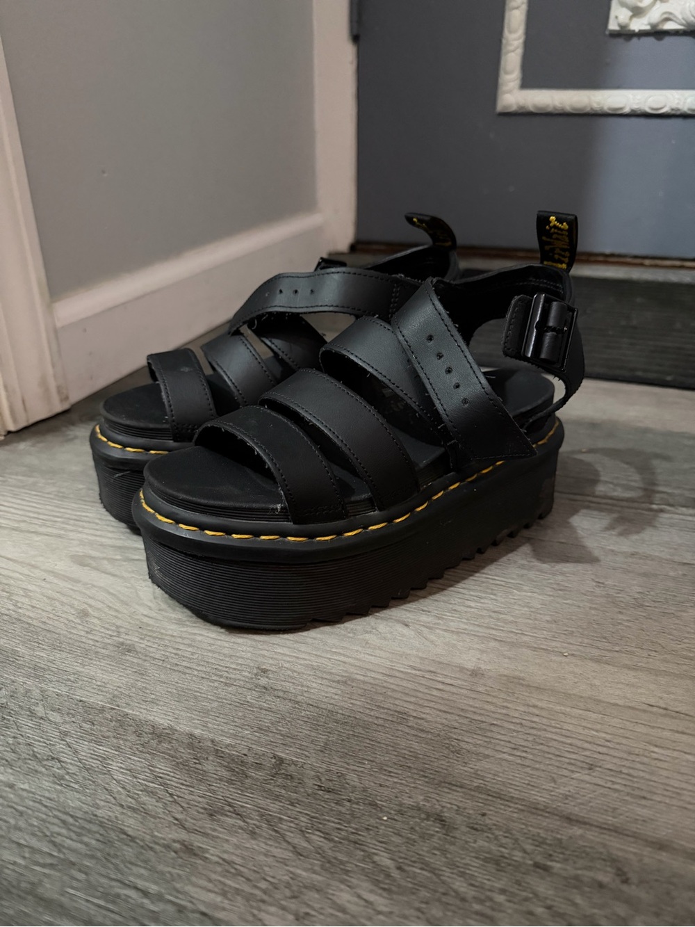 Dr. Martens Black Platform Gladiator Sandals with Yellow Stitching